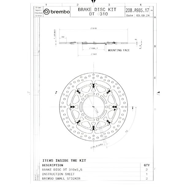 Disque de frein Brembo T-Drive 208A98517 avec homologation, flottant avant 310x5,5mm 2 pièces pour Suzuki GSX-R 600 - 1000 ccm Année 2005 - 2008