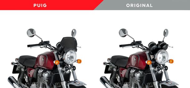 Vindskärm Puig ALU-frontplatta med driftstillstånd för Triumph Bonneville T100, Indian FTR 1200 Rally, Kawasaki Z900RS, Brixton Crossfire 500X, Honda CB1100EX, Voge 500AC, Yamaha XSR700, Moto Guzzi