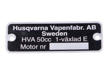 Placa de identificação HVA 50x18mm para Husqvarna 50ccm 1 marcha