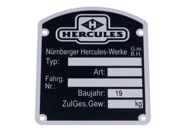 Rahmentypenschild MOGA Aluminium 46x57mm für Hercules K 50, M, SB, Sport