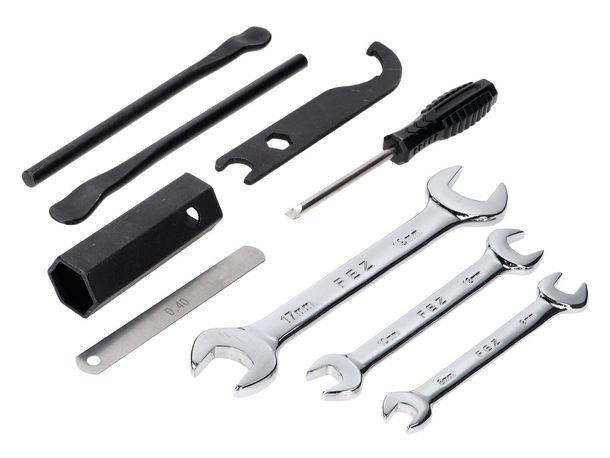 On-board tool set 2 tire mounting levers 0.40mm feeler gauge open-end wrenches 8/9mm 10/13mm 17/19mm for Zündapp, Kreidler, Hercules Prima M MK K KX, Simson, Puch Puch, Miele, DKW, KTM, Rixe, Sachs, Piaggio Ciao