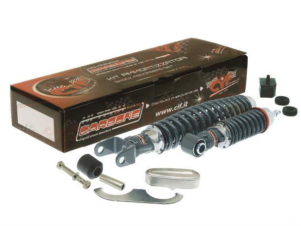 Pár tlumičů Carbone Sport RS, přední / zadní s chromovaným nastavovacím prstencem pro Vespa 50 / 90 / 125 Primavera
