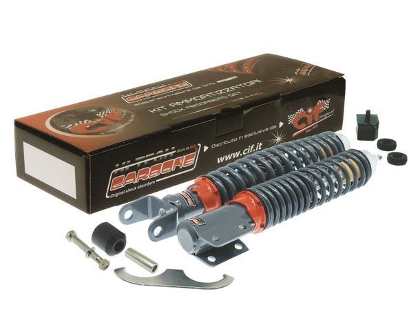 Pár tlumičů Carbone Sport RS, přední / zadní s červeným nastavovacím prstencem pro Vespa PX