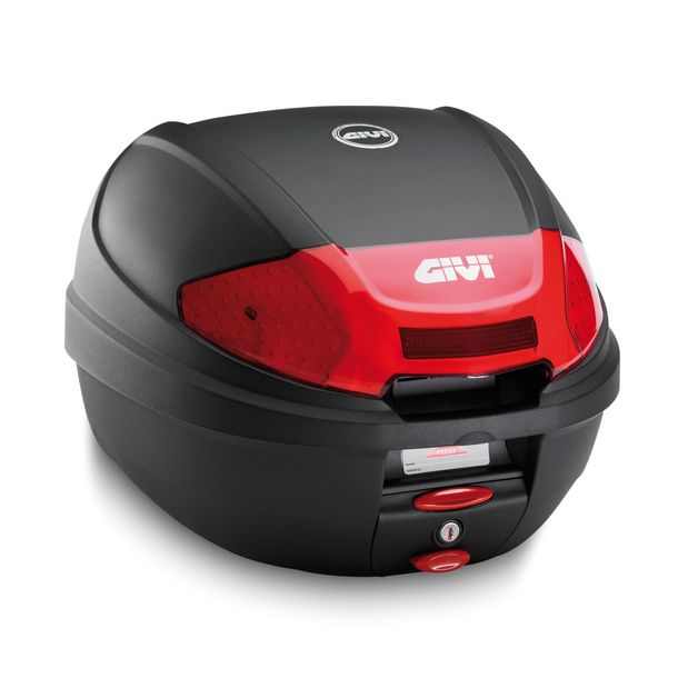 Topcase GiVi E300 Monolock® schwarz mit roten Reflektoren 30 Liter 300x410x400mm Max Zuladung 3 kg mit Platte mit Montagekit wasserabweisend