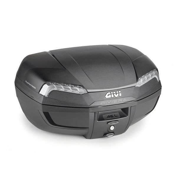 Topcase GiVi E46 Monolock® Kunststoff schwarz mit silberfarbenen Reflektoren 46 Liter mit Universalplatte mit Montagekit