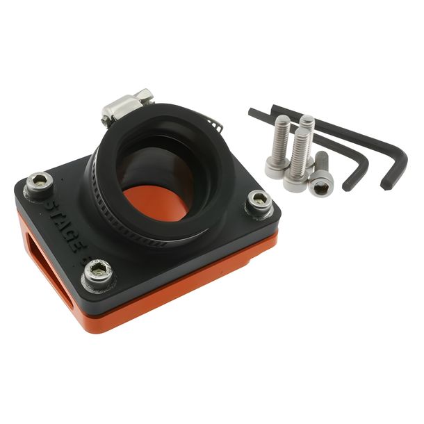 Ansaugstutzen & Spacer, Stage6 R / T für Piaggio lang, - d=28mm, kurz gerade hinten bright orange Peugeot, Jetforce C-Tech, Ludix, Speedfight 3 LC 50