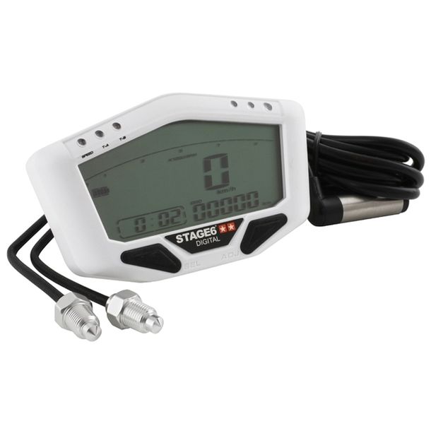 Tacómetro marca Stage6 White line, display digital, velocidad / odo / viaje / rpm / temperatura, universal