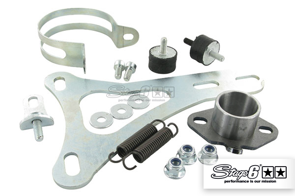 Supporto Scarico Stage6 R1400 per Minarelli orizzontale, incl. fascetta, silentblock, molle, dadi, boccole distanziatrici