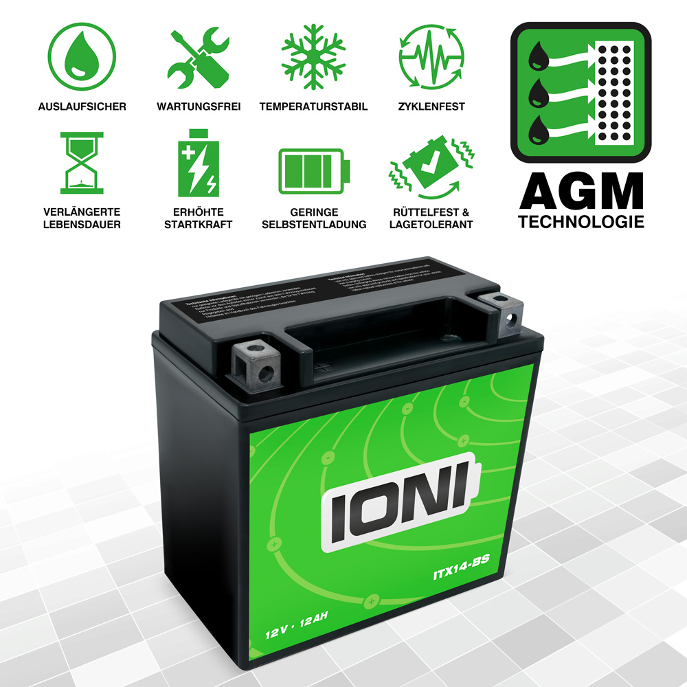 IONI AGM Batterie 12V 12Ah ITZ14-BS Rollerbatterie / Motorradbatterie,  wartungsfrei versiegelt vorgeladen kompatibel mit YTX14-BS 51214