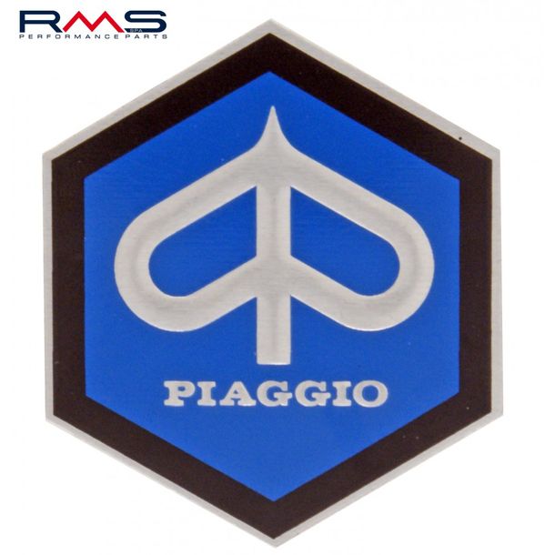 Emblème " Piaggio " 6-corner cascade aluminium, auto-adhésif 49x43 mm pour Vespa Sprint / Rallye etc.