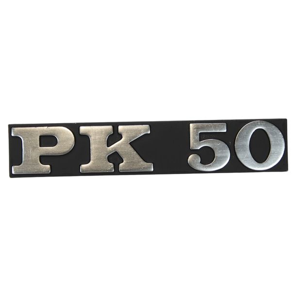 Emblem / signature 'PK 50' sidepanel for Vespa PK 50 models - 95x17mm 2 Pins Hole spacing 80mm
