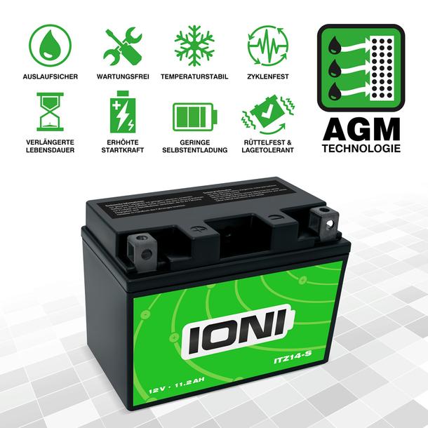 Batterie 12V 11,2Ah IONI AGM ITZ14-S Motorrad ähnl. YTZ14S-BS CTZ14S YTZ14-S – Bild 2