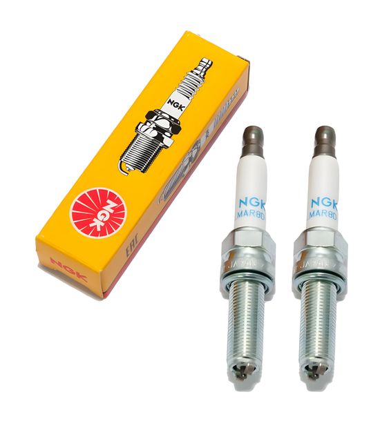 Spark plug set NGK 2x LMAR8D-J resistor, 26,5mm long thread reach plug Ø 10,0mm 2-ground-electrode, 93444