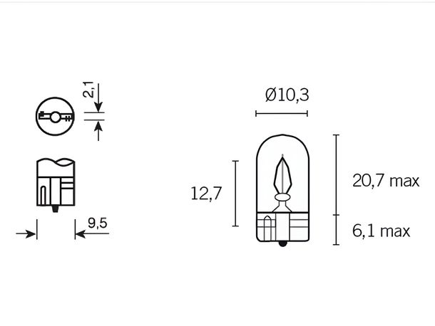 Ampoule base en verre clair W3W (T10) W2.1x9.5d 3W 12V
