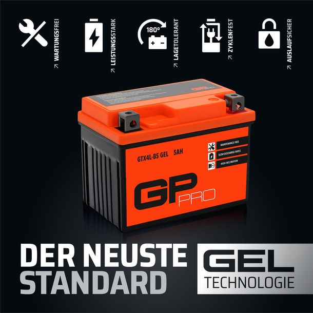 Batterie 12V 5Ah GEL GP-PRO GTX4L-BS Motorrad Roller Moped ähnl. YB4L-B YTX5L-BS – Bild 2