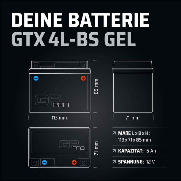 Batterie 12V 5Ah GEL GP-PRO GTX4L-BS Motorrad Roller Moped ähnl. YB4L-B YTX5L-BS – Bild 3