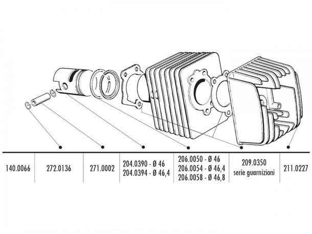 Polini 46,4mm zuigerset, 12mm zuigerpen voor Piaggio, Vespa Ciao