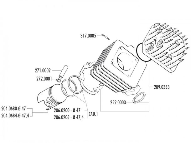 Piston Set Polini 70cc 47,4mm for Piaggio AC, LC, PureJet, Kymco, Honda, SYM, Peugeot standing