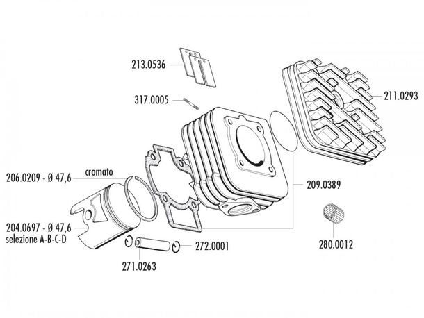 Set pistone Polini alluminio sport 70cc 47,6 mm (C) per Piaggio AC