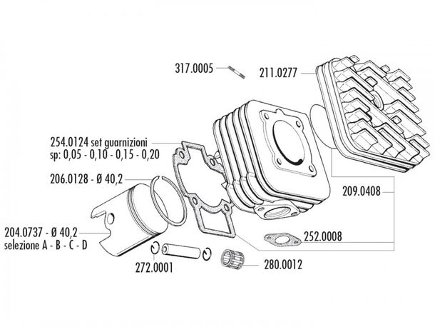 Kolben Satz Polini Evolution 50ccm 40,2mm, 12mm Kolbenbolzen (D) für Piaggio, Minarelli, Peugeot