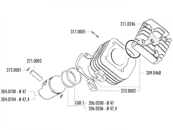 Pistone Kit Polini Sport 47,4mm 70cc sdraiato per Kymco AC (SF10)