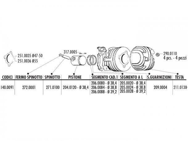 Anello di pistone Polini 39,2x1,5mm (in basso) per Vespa PK 50, 50 Special, XL 50