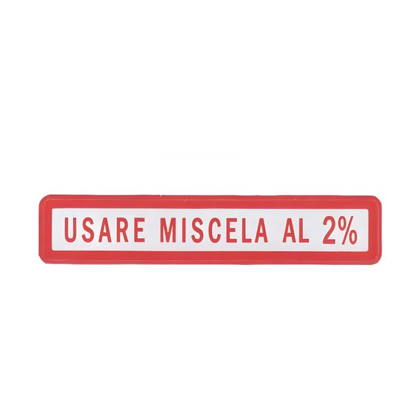 Sticker originale in stile "Usare Miscela al 2%" rosso, di circa 55x10mm per Vespa OEM Ref. 610054M0003