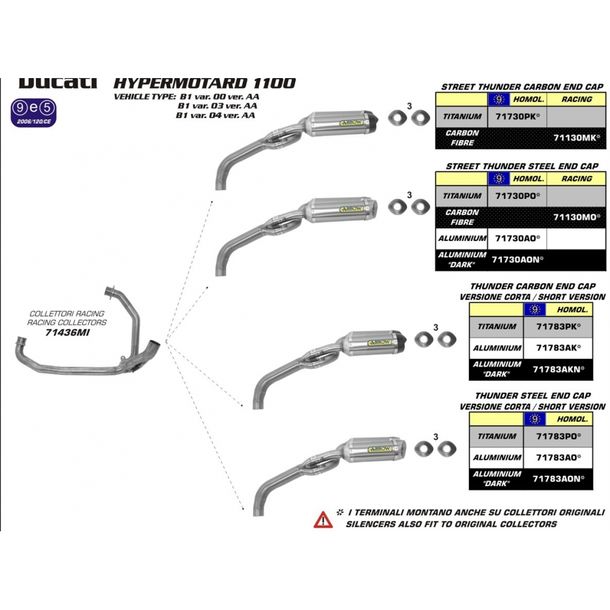Arrow Set Street Thunder Carbon rear muffler, carbon end cap without approval for Ducati Hypermotard Evo S 1100 cc model 2007 - 2012