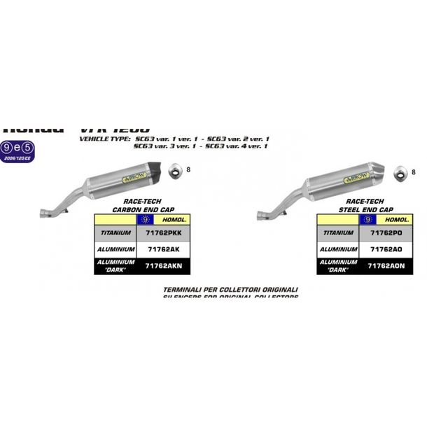 Pot d'échappement Arrow Race-Tech en aluminium foncé, embout en carbone avec homologation pour Honda VFR F 1200 cc année 2010 - 2014