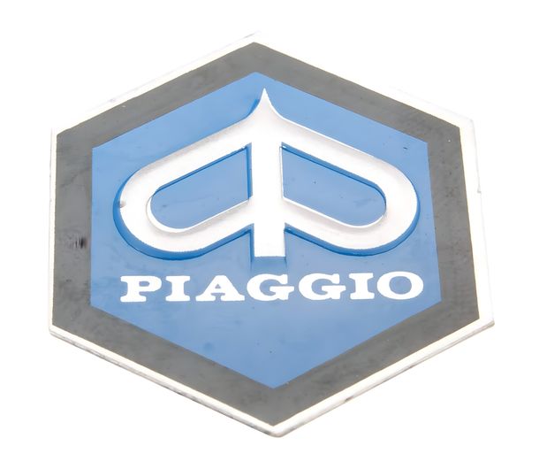 Emblema «Piaggio» per incollaggio esagonale in alluminio 31x36 mm per cascata per Vespa PK50, PK80 82-88