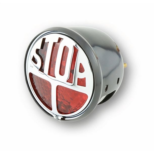 SHIN YOLED achterlicht STOP, rode lens, zwarte metalen behuizing