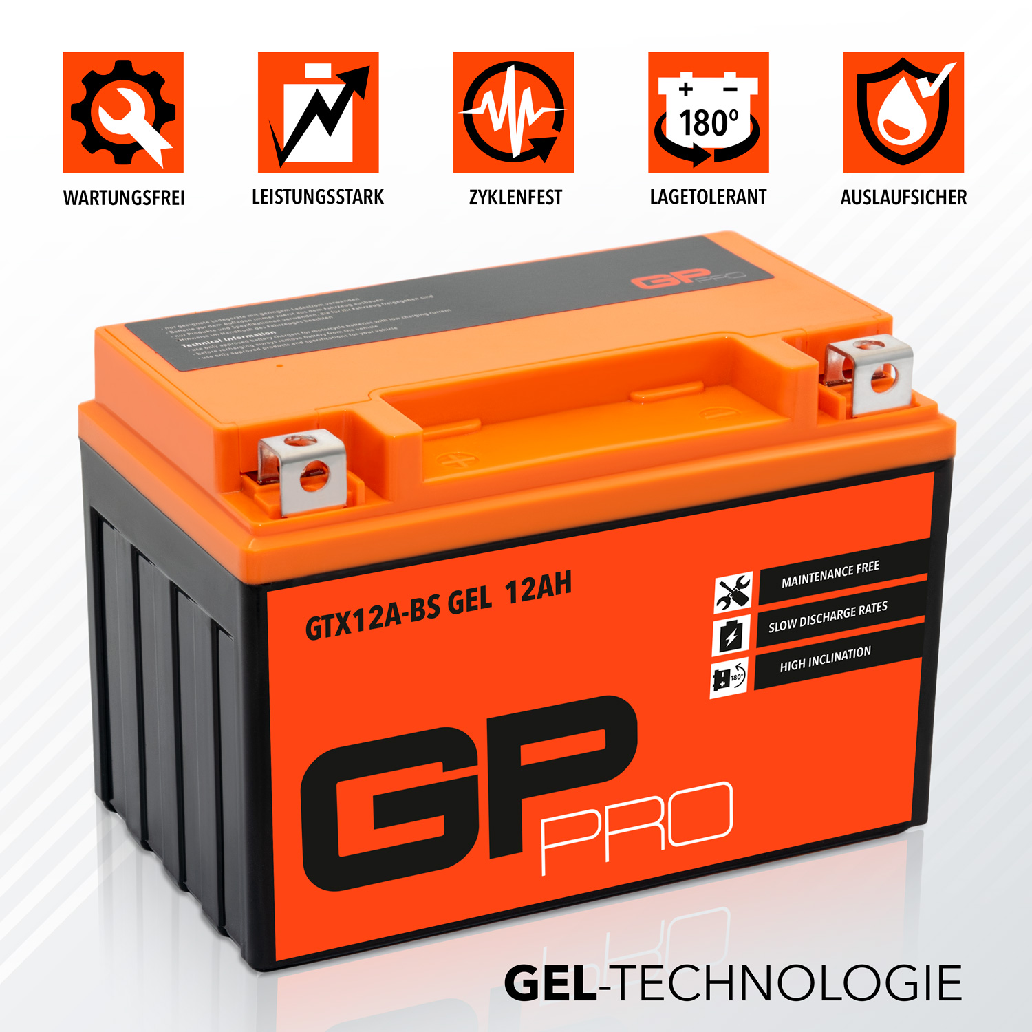GP-PRO Gel Battery 12V 12Ah GT12A-BS Battery scooter / motorbike,  maintenance-free sealed pre-charged similar YT12A-BS / YTX12A-BS / YTZ12S /  51013