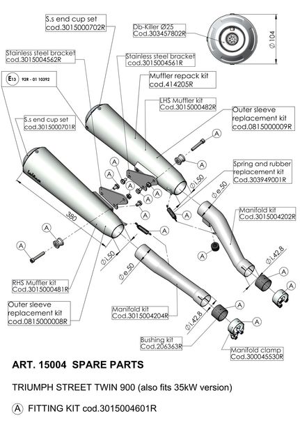 Tubo di scarico LeoVince, tubo di collegamento per ricambio tubo di scarico, acciaio inox, Ø 50 mm 380 mm, destro per CLASSIC RACER
