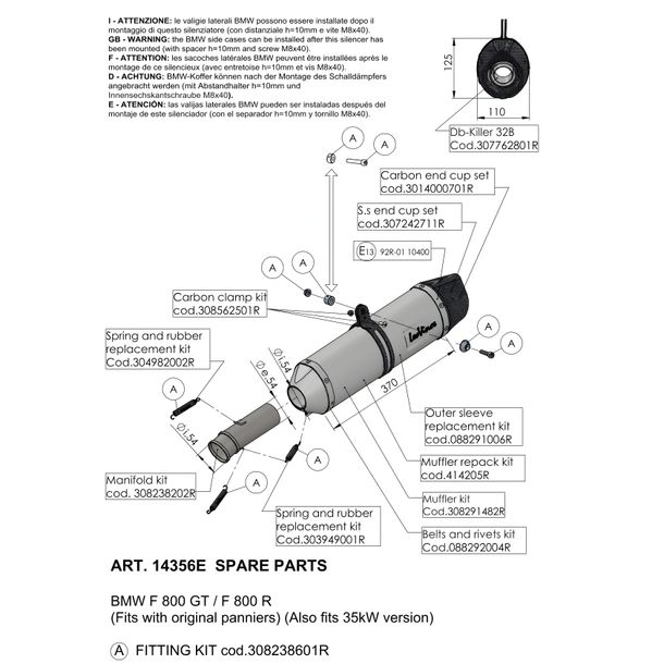 Schalldämpferhülle LeoVince Auspuff-Ersatzteil Hülle Endschalldämpfer, 370mm, links für LV ONE EVO