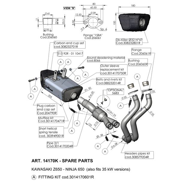 LeoVince Exhaust Replacement Part 10034 / 10417, Stainless Steel, Ø 50mm 205mm