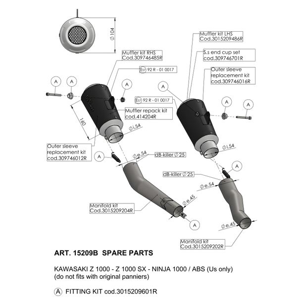 Silencieux d'échappement LeoVince pièce de rechange, acier inoxydable noir, Ø 54mm 160mm, gauche pour LV-10