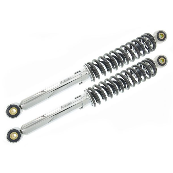 Federbeine, verstellbar, verchromter Dämpfer, schwarze Feder, Länge: ca. 360 mm - Ø-Auge: 8 mm
