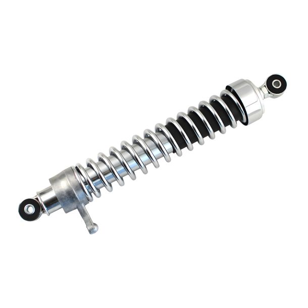 Left strut complete, chrome and chrome spring - 25 mm extended - length 380 mm - eye diameter 8 mm