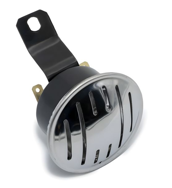 Simson Hupe, Signalhorn für 6V + 12V - Edelstahlblende - S50, S51, S70 - Befestigung am Gehäusemittelteil