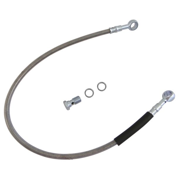 Set tubi freno - flex in acciaio inossidabile - rivestimento in plastica trasparente - 530 mm di lunghezza - 1x vite cava+2 x rondelle di tenuta