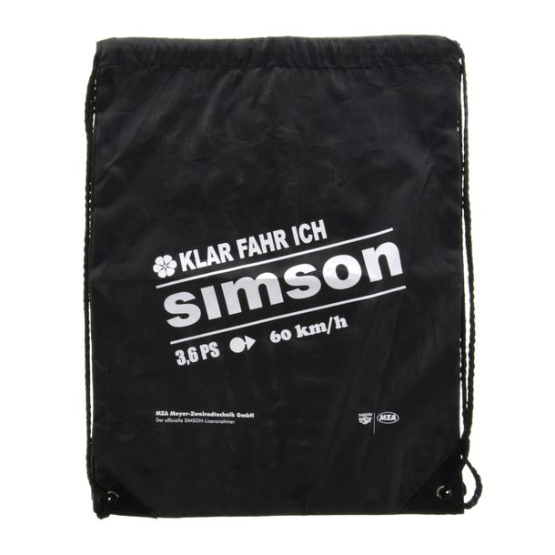 Retro - Sportbeutel - schwarz, mit Kordelzugverschluss - Material: 210D-Polyester - Druck: KLAR FAHR ICH SIMSON - 3,6 PS, 60km / h