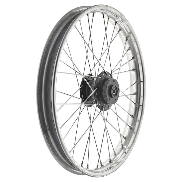 Ruota a raggi, 1,6 x 19 pollici per freno a disco (mozzo in alluminio nero, cerchio in acciaio inossidabile, raggi in acciaio inossidabile)