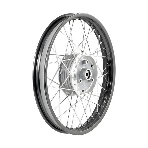 Spoked wheel 1.6x16 inch alloy rim, black anodized and polished + stainless steel spokes