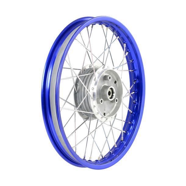 Speichenrad 1,6x16 Zoll Alufelge, blau eloxiert und poliert + Edelstahlspeichen