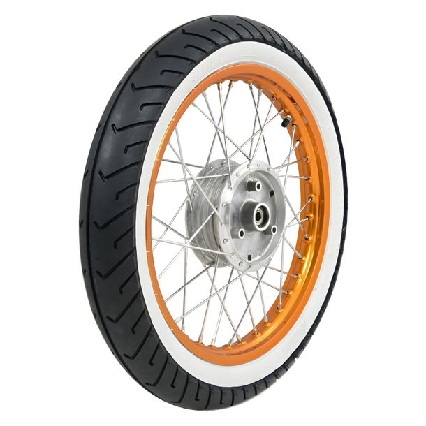 Complete wheel - front - 1.5x16 inch - alloy rim orange anodized and polished, chrome spokes - MITAS - whitewall tires MC2 mounted