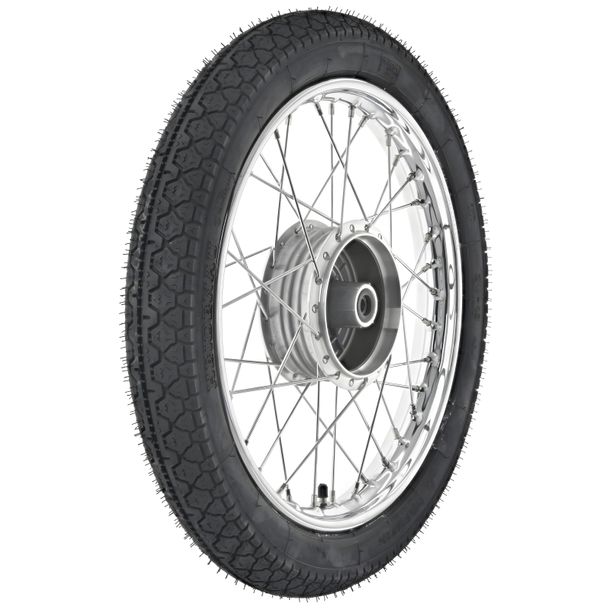 Complete wheel 1,5x16 inches, chromed steel+Heidenau tyre K36/1 - wheel hub w. cast iron brake ring, turned flanks