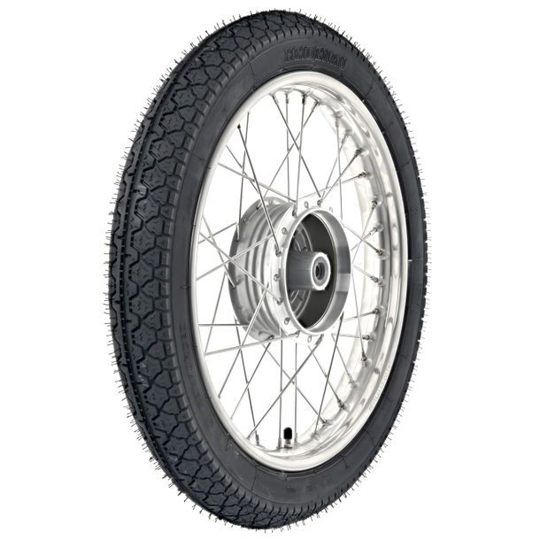 Ruota completa 1.6 x 16 pollici, in acciaio inox con pneumatici Heidenau montati K36/1 - mozzo ruota con anello freno in ghisa, bordi torniti