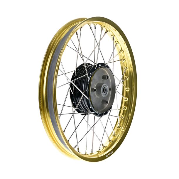 Speichenrad 1,5x16 Zoll Alufelge, gold + Chromspeichen + Radnabe schwarz
