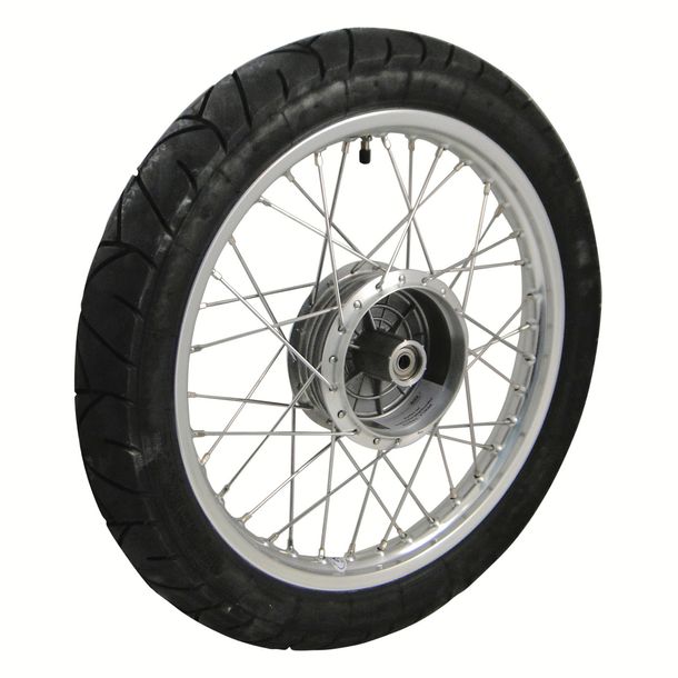 Rueda completa, delantera - llanta de aleación pulida de 1,5x16 pulgadas, radios de acero inoxidable+neumático Heidenau K55