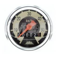 Simson tachometr pro SR2E, SR4-1, KR50, Ø 48 mm, verze 60 km/h - stupnice černá / světle slonová kost, sklo tachometru vy convexní, chromový kroužek